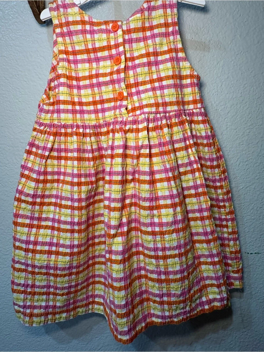 VTG OshKosh Dress Girls 4t Plaid Fruit Seersucker Pinafore Jumper  1990s
